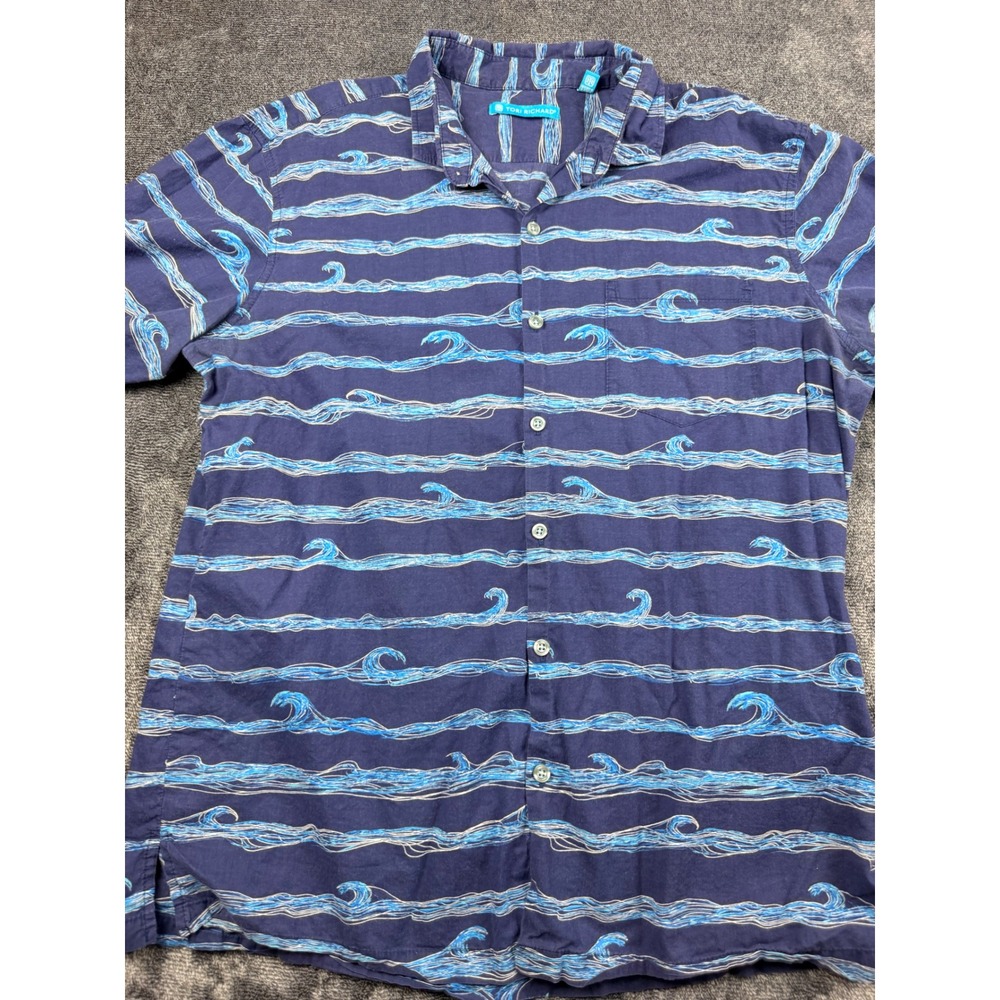 Tori Richard Mens Blue‎ Wave Print Cotton Lawn Hawaiian Button Down Shirt Large
